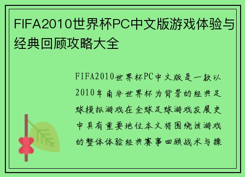 FIFA2010世界杯PC中文版游戏体验与经典回顾攻略大全